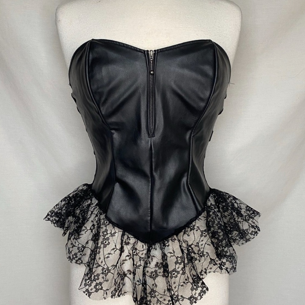 Vintage Fredericks Of Hollywood Black Faux Leather Corset with Lace Trim